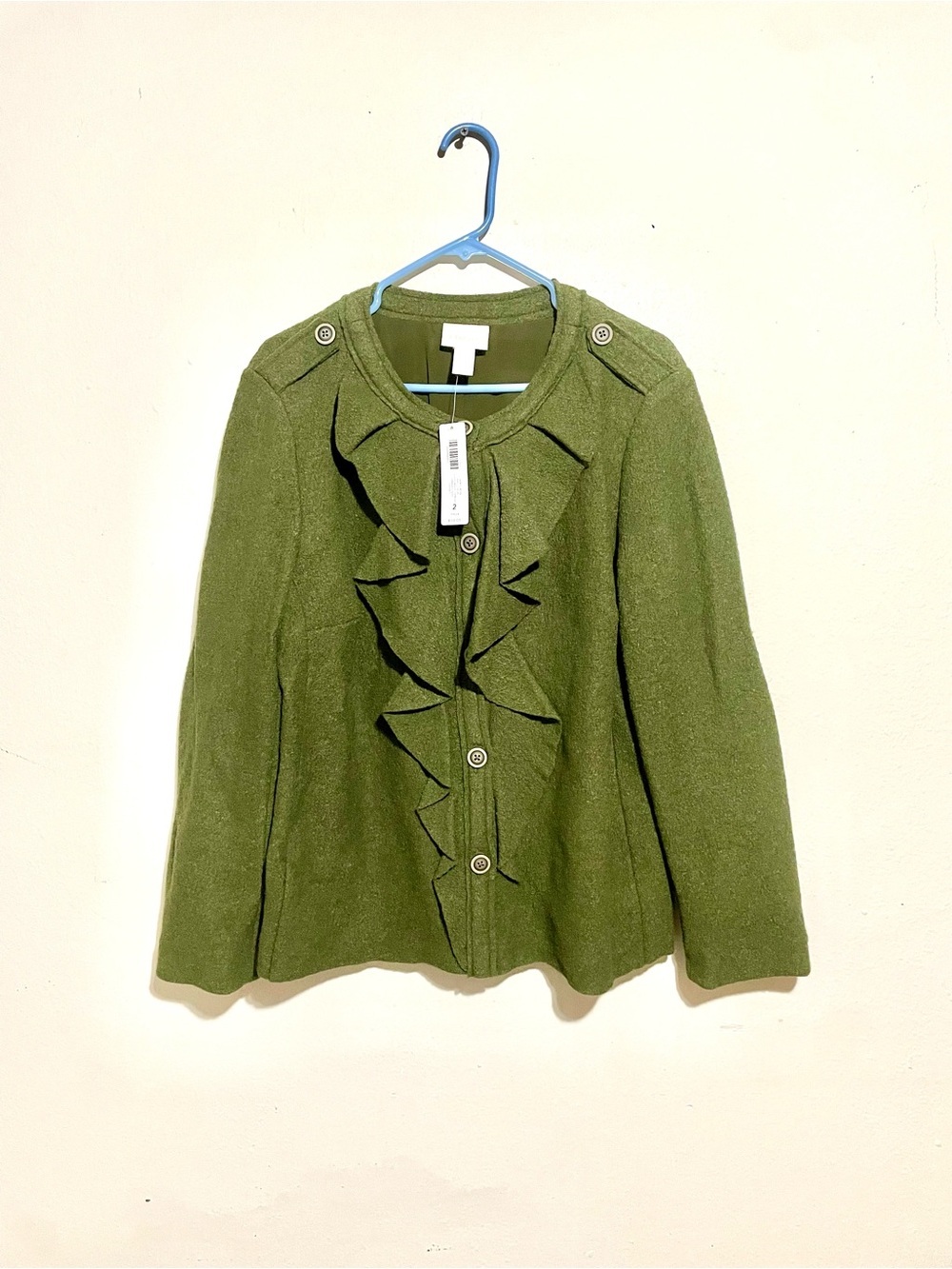 Chicos Blazer Coat Jacket Womens 2 Green Wool Blend Button Up Ruffle